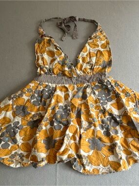 70s Retro Vintage Floral Apron w/Pockets Yellow Gray 100% Cotton Simply Envogue